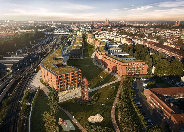 Visualisierung des Quartiers Neuen Meile in Lübeck. Blick aus der Vogelperspektive. Im Vordergrund ist der Wasserturm.