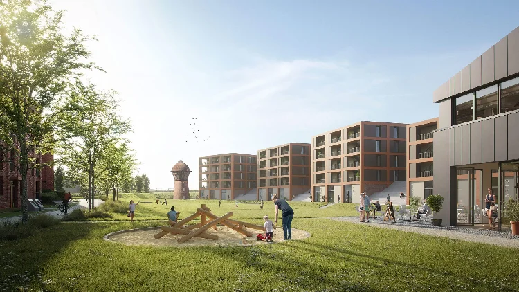 Visualisierung des Blicks durch die Terrassenfenster in den Wohn-Ess-Bereich von der Terrasse aus im Neubauprojekt Uptown Houses in der Neuen Meile in Lübeck.