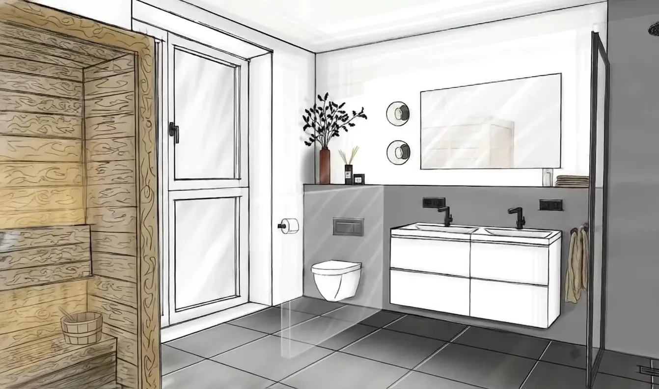 Frame 1 der Skizze eines Fitness- und Arbeitsraums in einem Townhouse