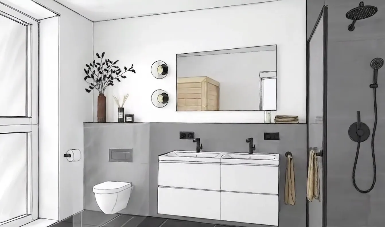 Frame 6 der Skizze eines Fitness- und Arbeitsraums in einem Townhouse