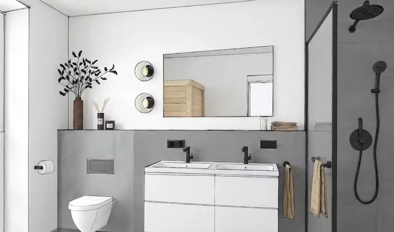 Frame 7 der Skizze eines Fitness- und Arbeitsraums in einem Townhouse