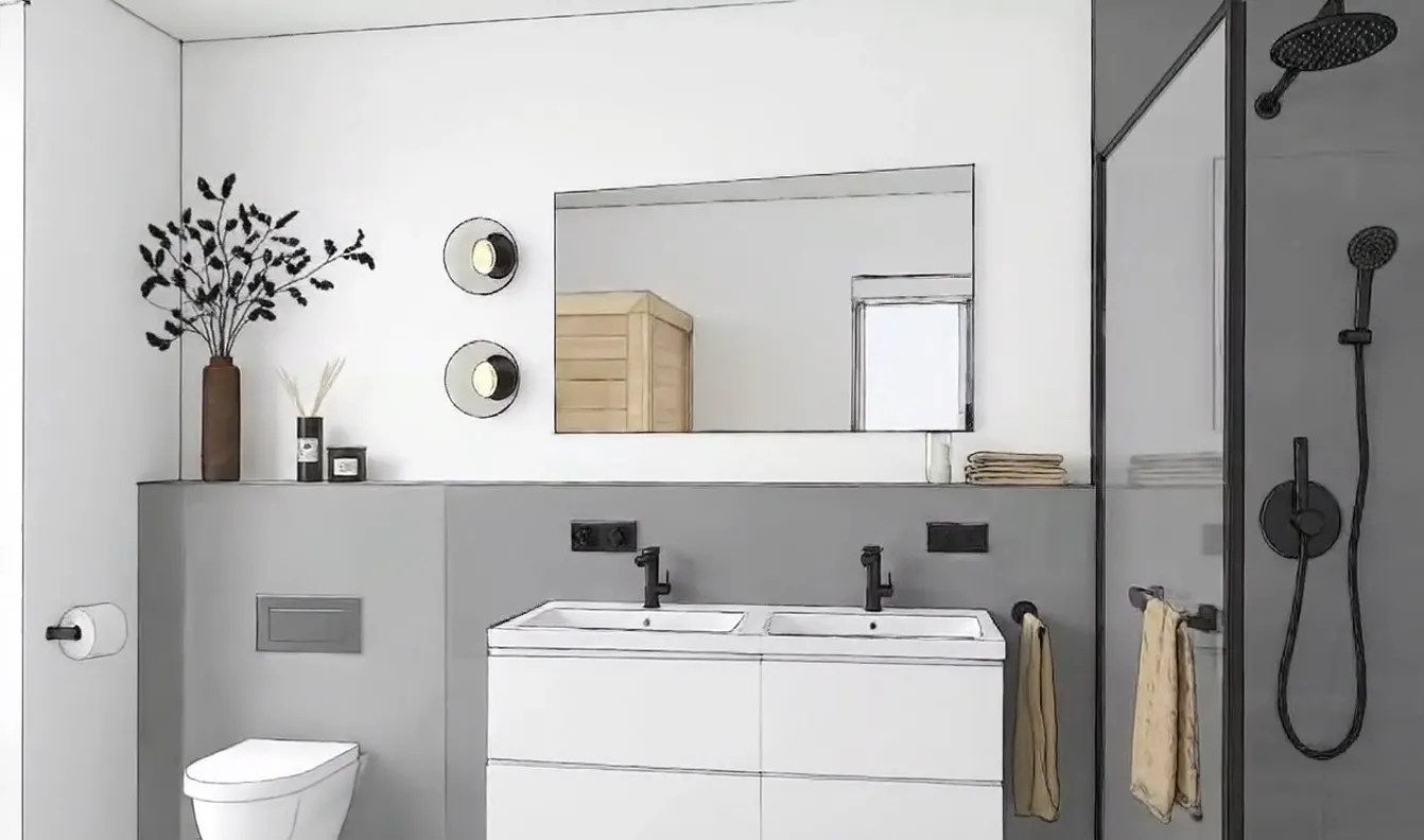 Frame 8 der Skizze eines Fitness- und Arbeitsraums in einem Townhouse