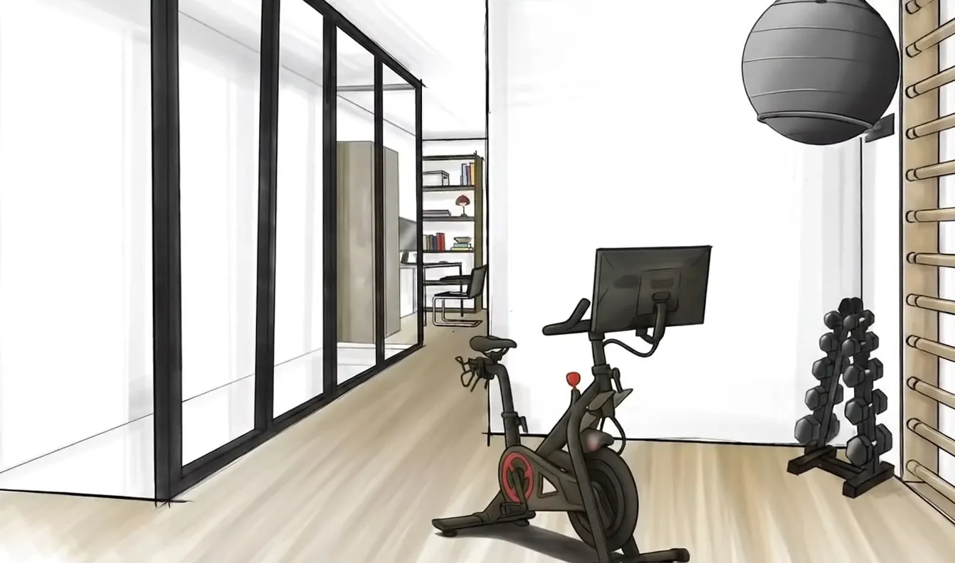 Frame 2 der Skizze eines Fitness- und Arbeitsraums in einem Townhouse