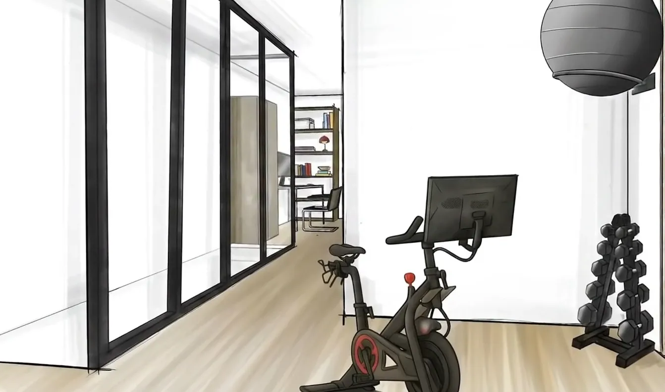 Frame 3 der Skizze eines Fitness- und Arbeitsraums in einem Townhouse