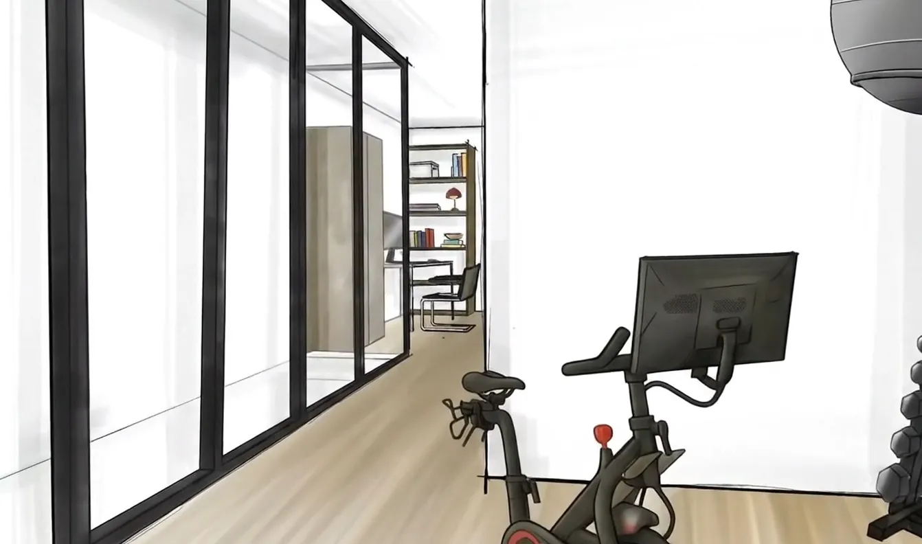Frame 4 der Skizze eines Fitness- und Arbeitsraums in einem Townhouse