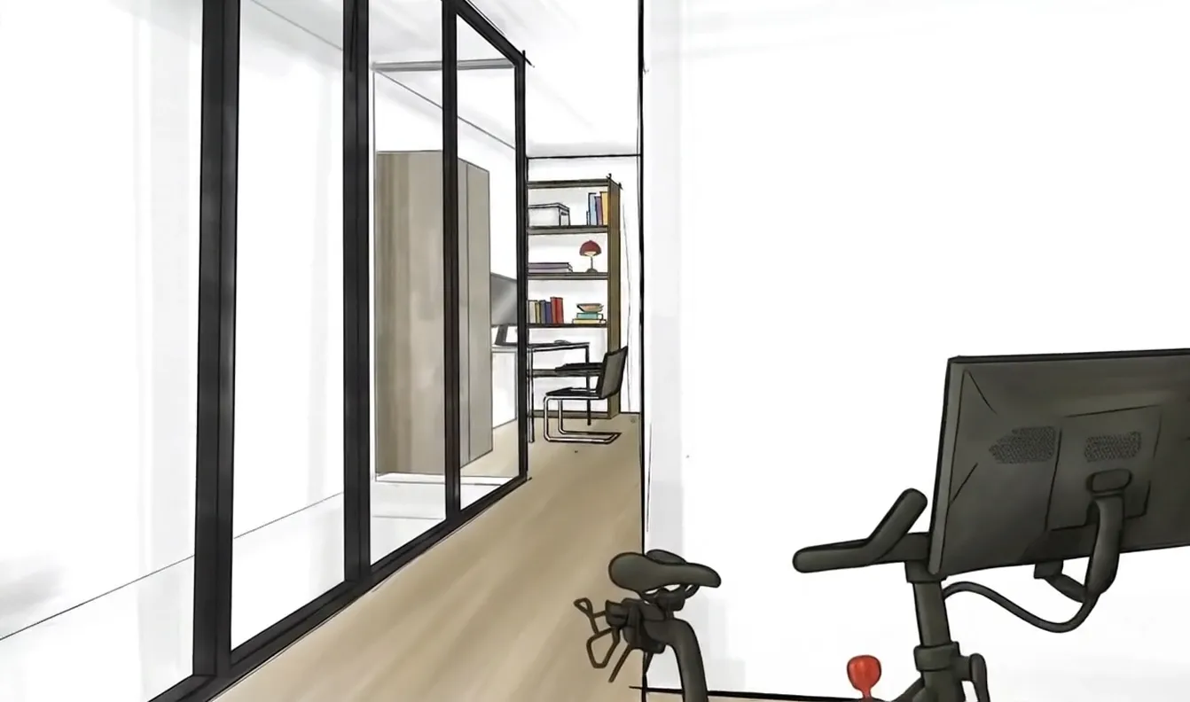 Frame 5 der Skizze eines Fitness- und Arbeitsraums in einem Townhouse