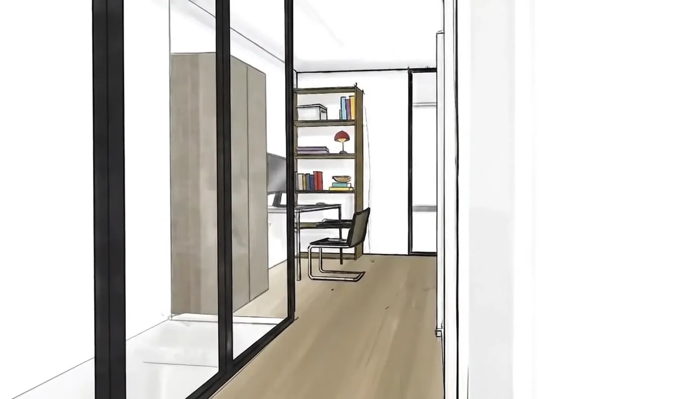 Frame 6 der Skizze eines Fitness- und Arbeitsraums in einem Townhouse