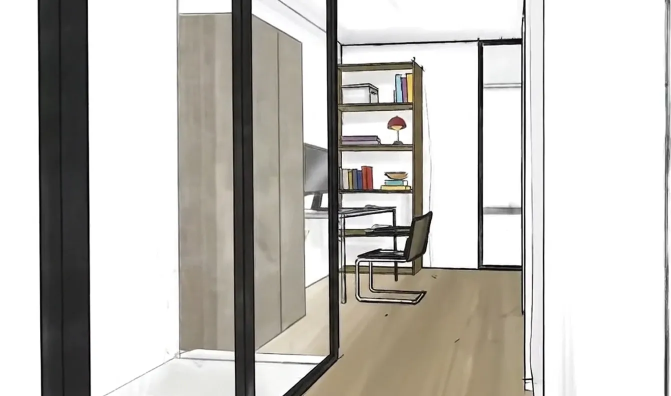 Frame 8 der Skizze eines Fitness- und Arbeitsraums in einem Townhouse