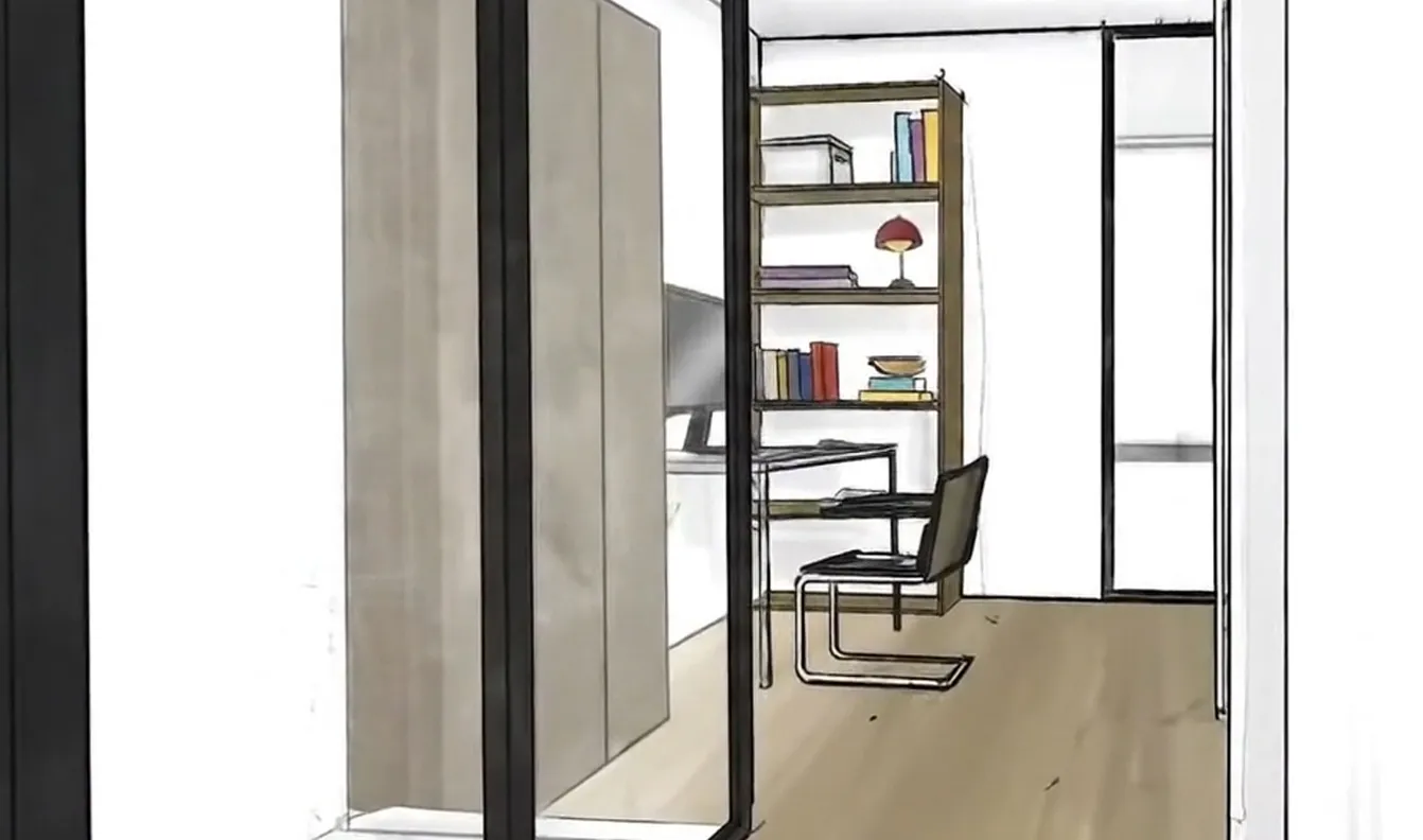 Frame 9 der Skizze eines Fitness- und Arbeitsraums in einem Townhouse