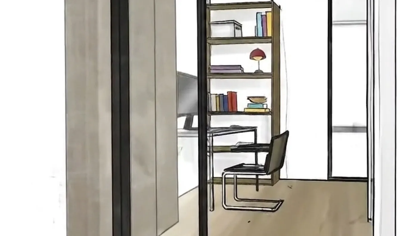 Frame 10 der Skizze eines Fitness- und Arbeitsraums in einem Townhouse