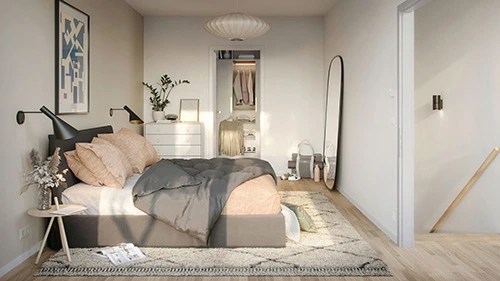 Visualisierung eines Schlafzimmers mit Doppelbett, Ankleidezimmer im Hintergund und der Treppe rechst im Neubauprojet UP TOWN Houses