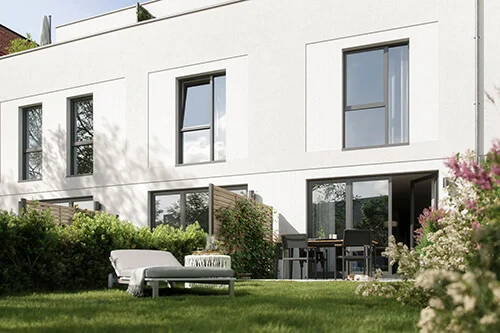 Visualisierung des Garten und der Terrasse eines Townhouses im Neubauprojekt Uptown Houses in der Neuen Meile in Lübeck