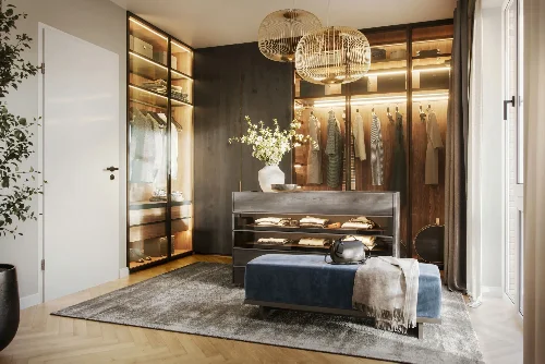 Visualisierung eines Ankleidezimmers in Sonderwunschausstattung in einem Townhouse.